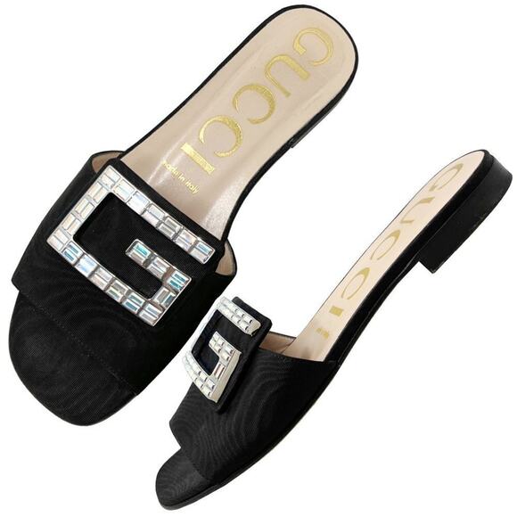 Gucci Madelyn Black Grosgrain Crystal G Slide Sandals Size 36.5 - Picture 1 of 10